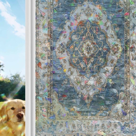 Boho Blue Window Privacy Film Stain Glass,Reusable Decorative Rainbow Window Film,Retro Tribal Traditional Distressed Printed Static Cling Sun Blocking Stickers Decals Covers 35.4" x 78.7" (3pcs)