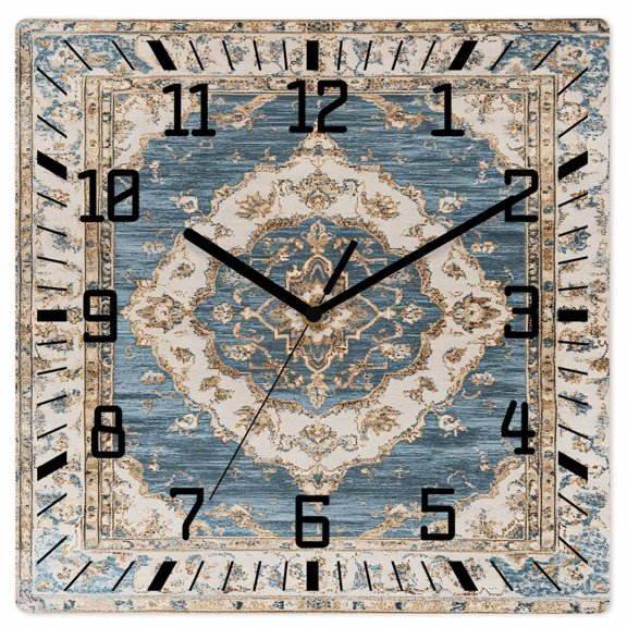 Boho Blue Wooden Wall Clock Silent Non Ticking, Retro Tribal Traditional Distressed Printed Square Wall Clocks Battery Operated, Decor Clock for Home Office, Living Room, Kitchen, 12 Inch
