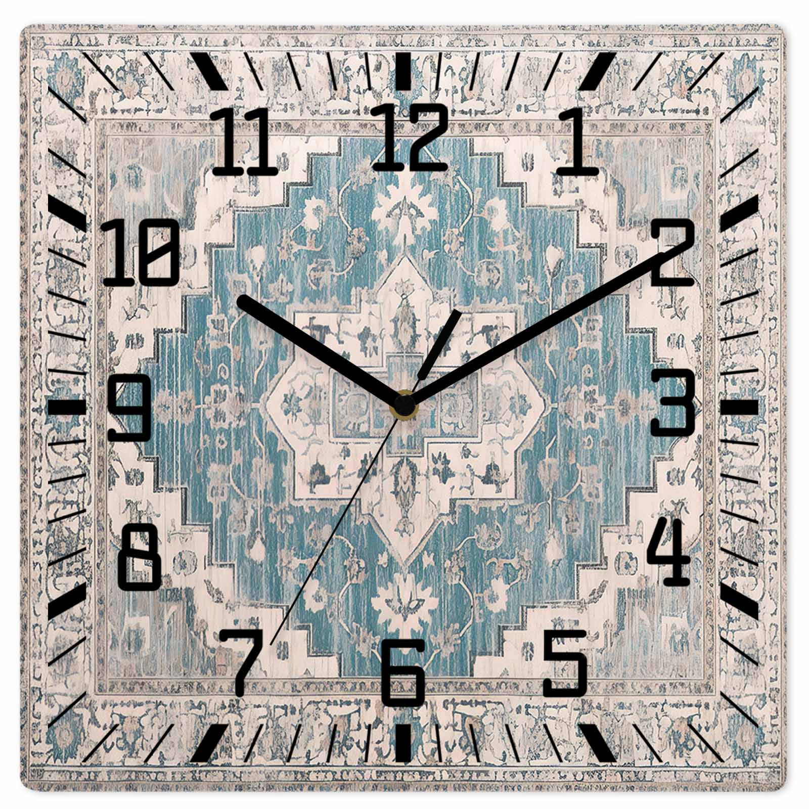 Boho Blue Wooden Wall Clock Silent Non Ticking, Southwestern Boho ...