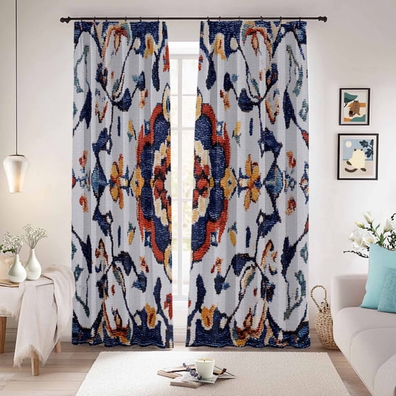 Boho Blue Yellow Blackout Curtains for Bedroom/Living Room, Pinch Pleated Black Out Curtains, Retro Bohemian Flower Leaf Tribal Room Darkening Window Drapes with Hooks 2 Panels, 39"x70"
