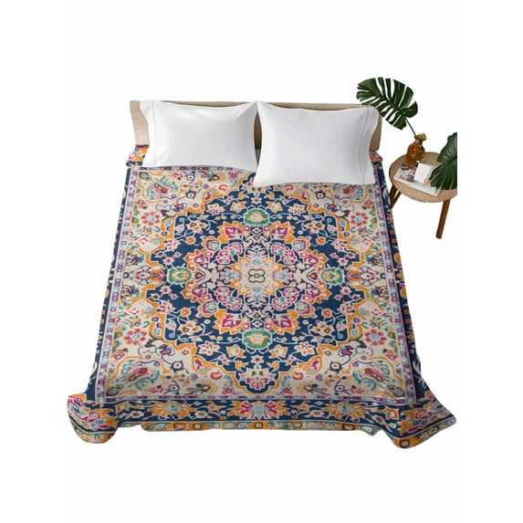 Boho Blue Yellow Flat Sheets Only Queen Size, Soft Breathable Bed Top Sheets for Mattress, Ethnic Vintage Mexican Flowers Southwestern Luxury Bedding Flat Sheets for Home Hotel Bedroom Bed Protection
