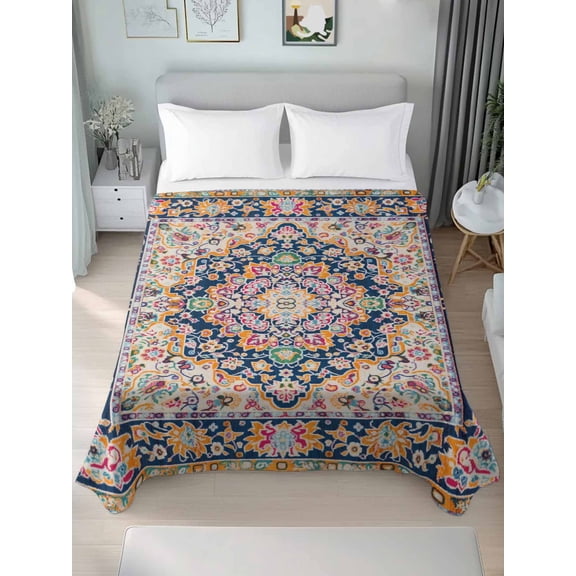 Boho Blue Yellow Queen Size Flat Sheet, Wrinkleproof & Fadeproof Cooling Flat Bed Sheet Only, Ethnic Vintage Mexican Flowers Southwestern Breathable Soft Bedding Top Sheets 90 x 102 Inches