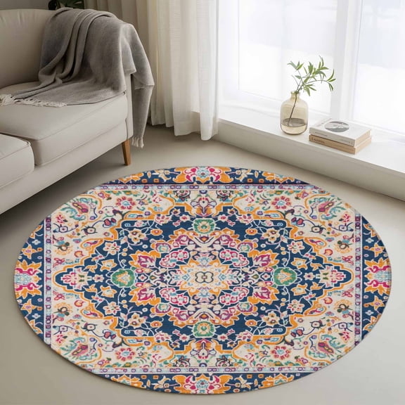 Boho Blue Yellow Round Area Rug 3.3 FT,Non Slip Small Entryway Kitchen Mat,Ethnic Vintage Mexican Flowers Southwestern Washable Soft Circular Rug Non-Shedding Door Mat for Bathroom Playroom Kids Room