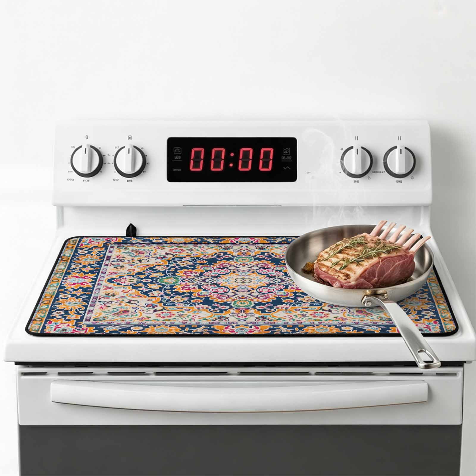 Boho Blue Yellow Stove Top Cover for Electric Stove, Heat-proof & Non Slip Glass Top Stove Cover Protector, Ethnic Vintage Mexican Flowers Southwestern Kitchen Flat Cooktop Rubber Mat 24x21 Inches