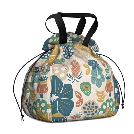 Boho Bohemia Flower Drawstring Lunch Bag Women - Drawstring Lunch Bag Insulated for Work Office - Stain-Resistant Large Lunchbags for Women with Multi-Pockets