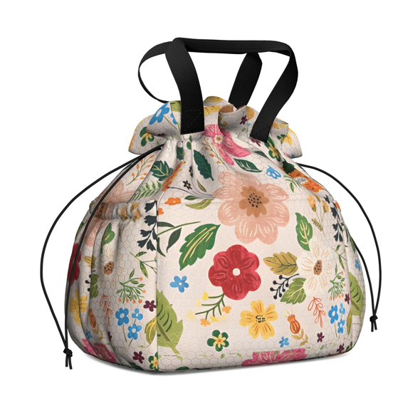Boho Bohemia Flower Drawstring Lunch Bag Women - Drawstring Lunch Bag Insulated for Work Office - Stain-Resistant Large Lunchbags for Women with Multi-Pockets