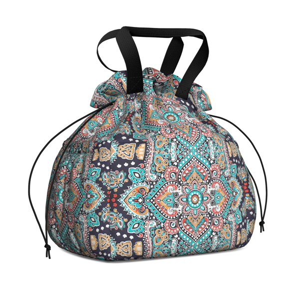 Boho Bohemia Flower Drawstring Lunch Bag Women - Drawstring Lunch Bag Insulated for Work Office - Stain-Resistant Large Lunchbags for Women with Multi-Pockets