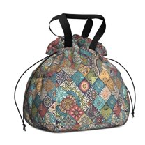 Boho Bohemia Flower Drawstring Lunch Bag Women - Drawstring Lunch Bag Insulated for Work Office - Stain-Resistant Large Lunchbags for Women with Multi-Pockets