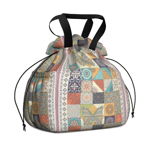 Boho Bohemia Flower Drawstring Lunch Bag Women - Drawstring Lunch Bag Insulated for Work Office - Stain-Resistant Large Lunchbags for Women with Multi-Pockets