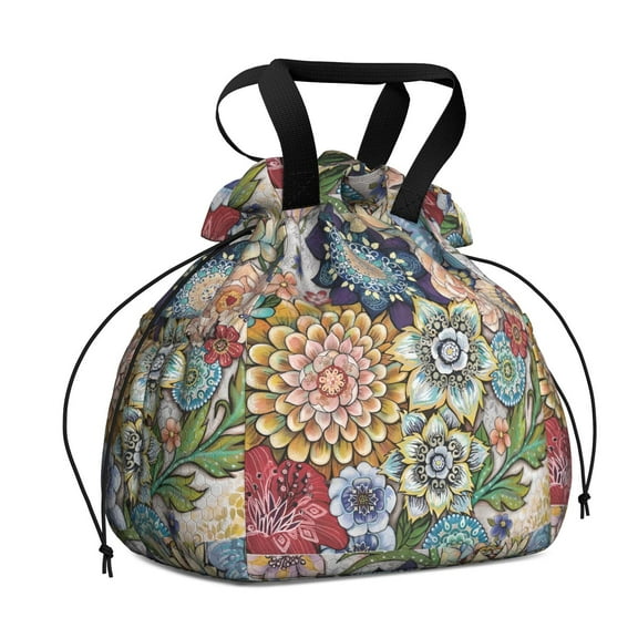 Boho Bohemia Flower Drawstring Lunch Bag Women - Drawstring Lunch Bag Insulated for Work Office - Stain-Resistant Large Lunchbags for Women with Multi-Pockets