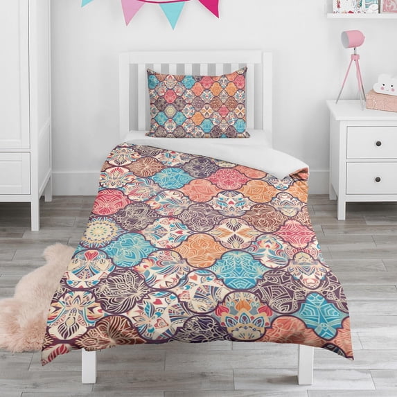 Boho Bohemia Flower Duvet Cover and Pillowcase Set for Single Bedding, Bedroom Accessories for Kids Teens