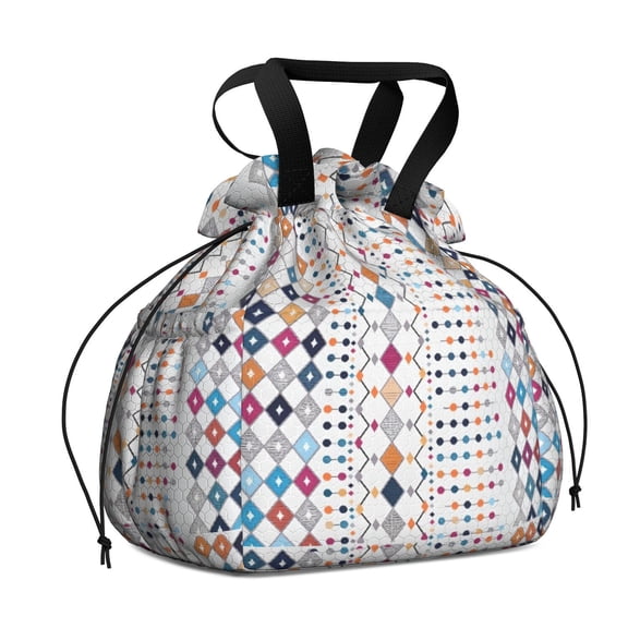 Boho Bohemia Geometric Line Art Drawstring Lunch Bag Women - Drawstring Lunch Bag Insulated for Work Office - Stain-Resistant Large Lunchbags for Women with Multi-Pockets