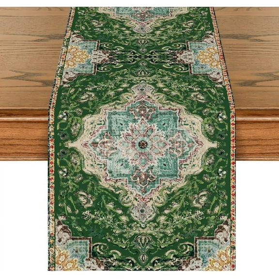Boho Bohemia Style Green Table Runner, Country Rustic Farmhouse Magical Christmas Kitchen Dining Table Decoration for Home Party Decor 13x72 Inch