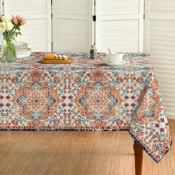 Boho Bohemia Style Tablecloth 60x60 Inch Square, Vintage Country Rustic Farmhouse Magical Orange Washable Seasonal Table Cover for Party Picnic Dinner Decor