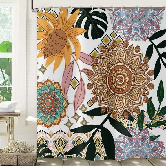 Boho Bohemian Floral Shower Curtain, Colorful Retro Mandala Flower Tropical Leaf Abstract Botanical Bright Bathroom Curtain Bathtub Home Decor Waterproof Fabric Machine Washable