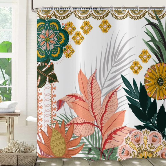 Boho Bohemian Floral Shower Curtain, Mid Century Abstract Botanical Colorful Flower Tropical Leaf Bright Bathroom Curtain Bathtub Home Decor Waterproof Fabric Machine Washable, 84''''Lx72''''W