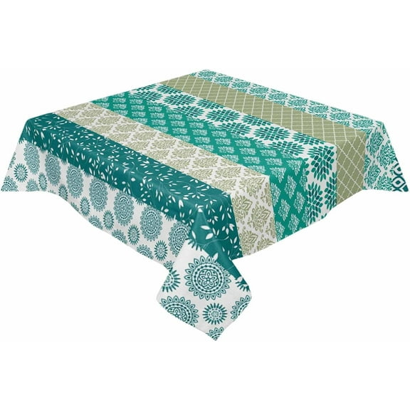 Boho Bohemian Stripes Floral Tablecloth Rectangle Round Table Cloth 60x60 Inch, Teal Green Aqua Indoor or Outdoor Tablecloth, Waterproof Polyester Table Cover for Party Holiday Picnic Decoration