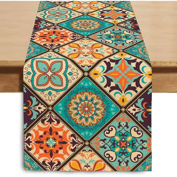 Boho Bohemian Table Runner 72 Inches Long, Vintage Seasonal Table Runners for Party Kitchen Dining Coffee Table Bedroom Dressers Indoor Outdoor, Machine Washable (Bohemian B, 13” x 72”)