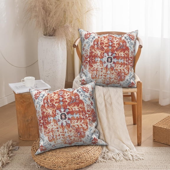 Boho Bohemian Throw Pillow Covers 18"x18" inch Set of 2,Vintage Orange Carpet Pattern Antique Ethnic Decor Cushion Cover Soft Pillow Case Living Sofa Room Bed