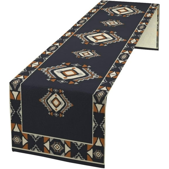 Boho Bohemian Tribal Hunter Deep Blue White Geometric Print Decor Table Runner Tabletop Overlay Mat Topper Dining Room Kitchen 13x72 inch