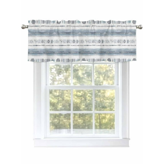 Boho Bohemian Valances for Windows, Rod Pocket Kitchen Valance Curtains - Soft & Washable Small Window Treatment for Living Room, Bathroom, Blue Geometric, 54x18inch