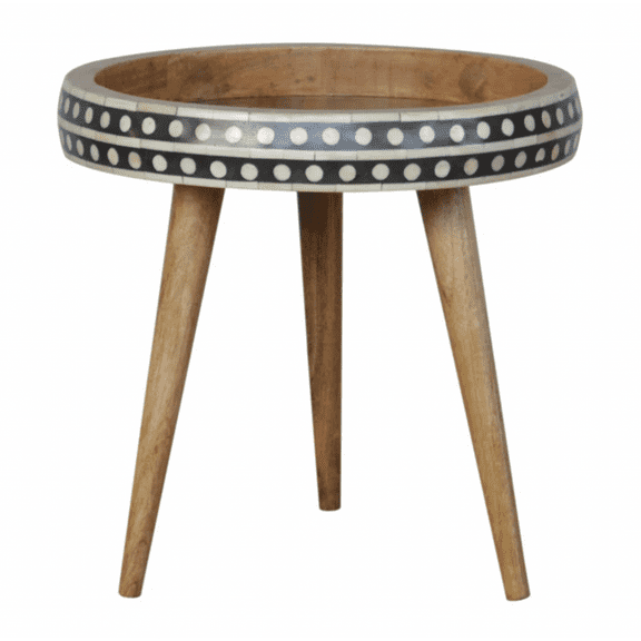 Boho Bone Inlay End Table with Bowl-Style Top – Round Black Tray with White Dot Inlay, 3 Natural Wood Legs