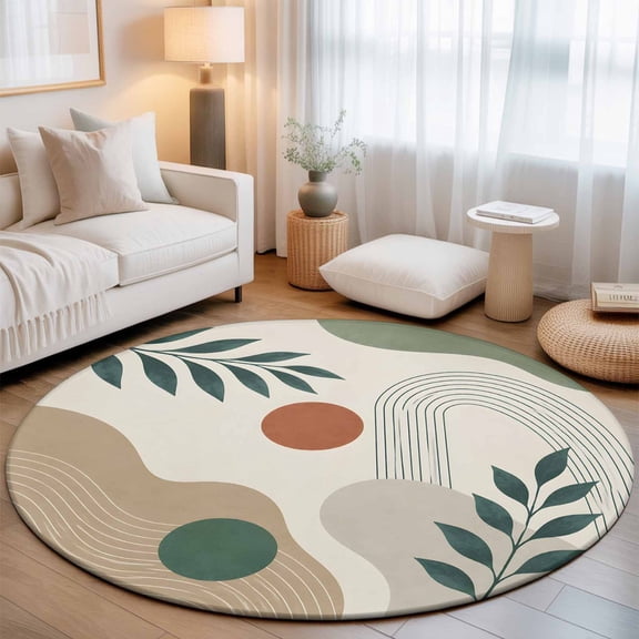 Boho Botanical 3.3' Round Rug for Bedroom Reading Corner, Sage Green Eucalyptus Leaf Terracotta Abstract Arch Line Washable Non Slip Circle Area Rug for Living Room