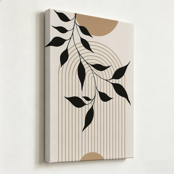 "Boho Botanical Arch" Minimalist Abstract Canvas Art, Modern Black Leaves and Neutral Geometric Print, Matte Finish Gallery Wrapped Wall Decor 8*12