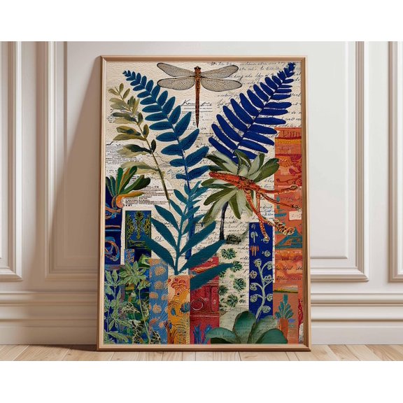 Boho Botanical Collage Dragonfly Wall Art Print, Unframed Paper Poster 24x36in