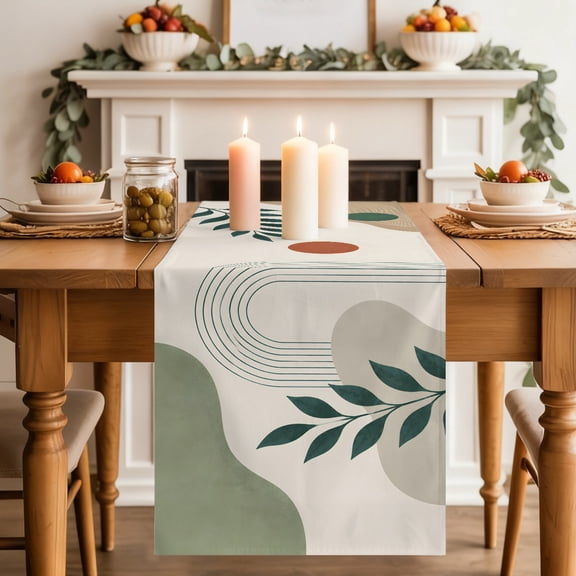 Boho Botanical Dining Table Runner, Sage Green Eucalyptus Leaf Terracotta Abstract Arch Line Washable Table Runners Kitchen Coffee Table Center Decor for Home Party Holiday Wedding 13 x 108 Inches