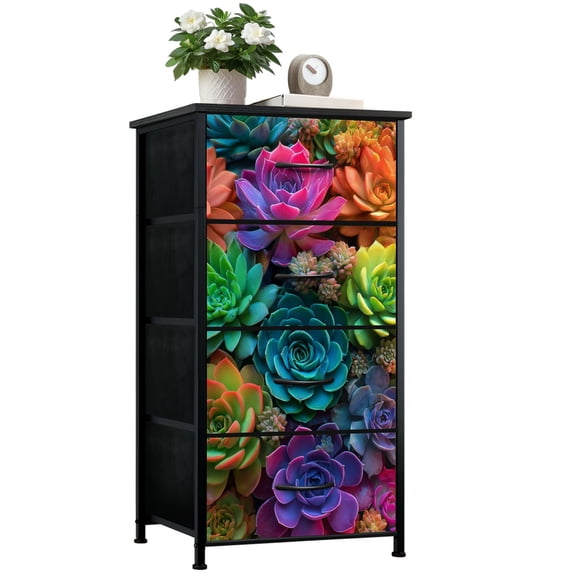 Boho Botanical Dresser for Bedroom with 4 Storage Drawers Vibrantly Colored Succulent Plants Kaleidoscope Hues Dressers Chest of Drawers Steel Framed Fabric Closet Organizers for Entryway