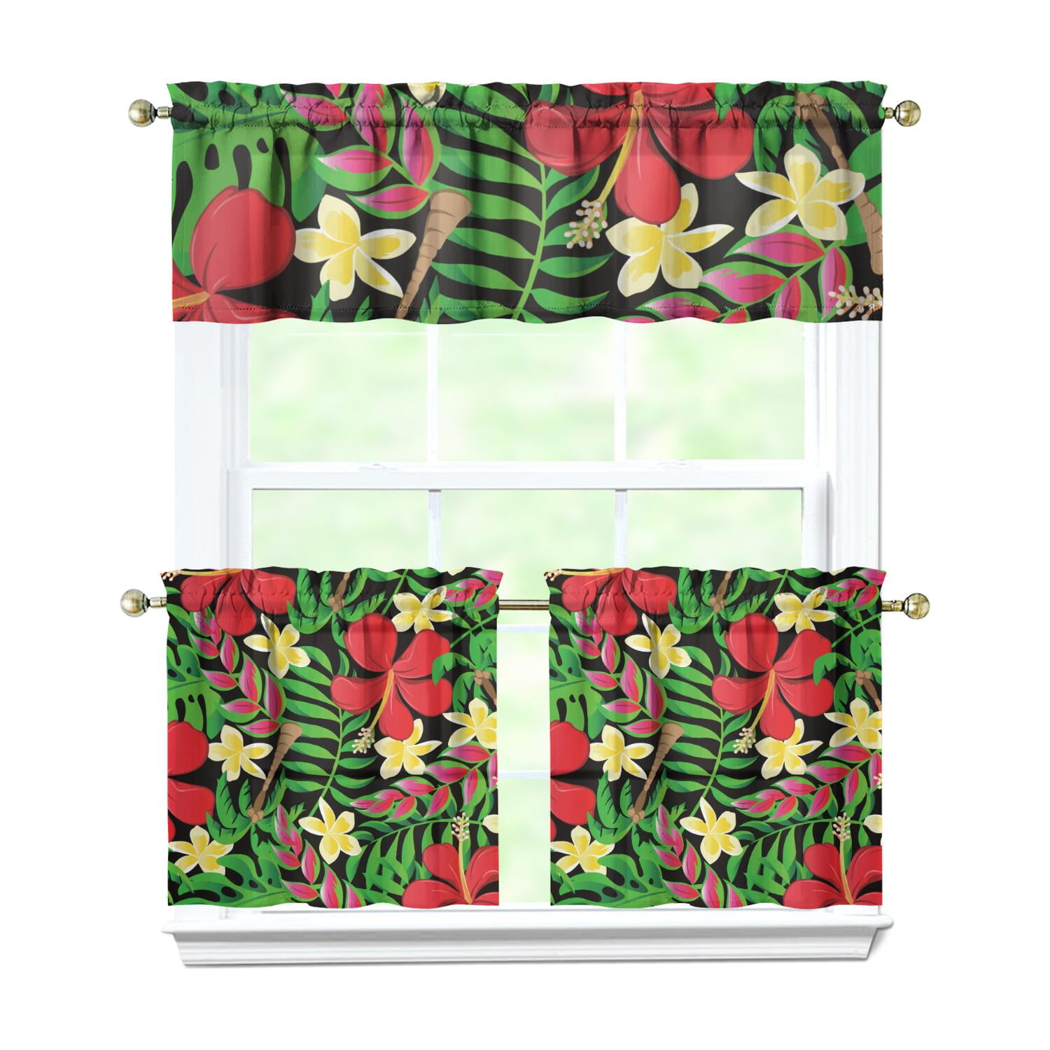 Tropical Palm Leaf Curtain Set - 3 Piece Kitchen/Bedroom Curtains With Valance - Light Filtering - View #4