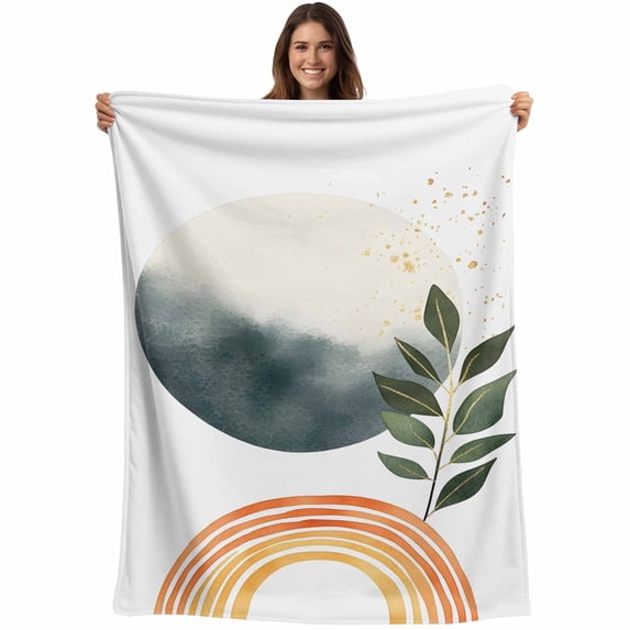 Boho Botanical Leaves Blanket Soft Cozy Warm Throw Blanket for Couch, Plush Fuzzy Flannel Fleece Blankets for Sofa, Modern Abstract Art Stripe Circle Bed Blankets Lightweight Gifts for Women, 30"x40"