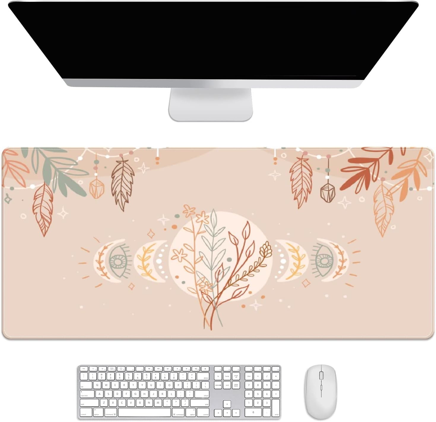 Boho Botanical Moon Desk Mat, Desk Accessory, Cute Workspace, Trendy Workspace, Trendy, 35.4x15.7in Large Gaming Mouse Pad, Cute Desk Topper, Pretty Desk Pad