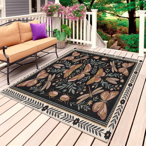 Boho Botanical Outdoor Rug for Patio/Deck/Porch, Non-Slip Large Area Rug 4 x 6 Ft, Vintage Country Bohemia Butterflies Flowers Indoor Outdoor Rugs Washable Area Rugs, Camping Rug Carpet Runner