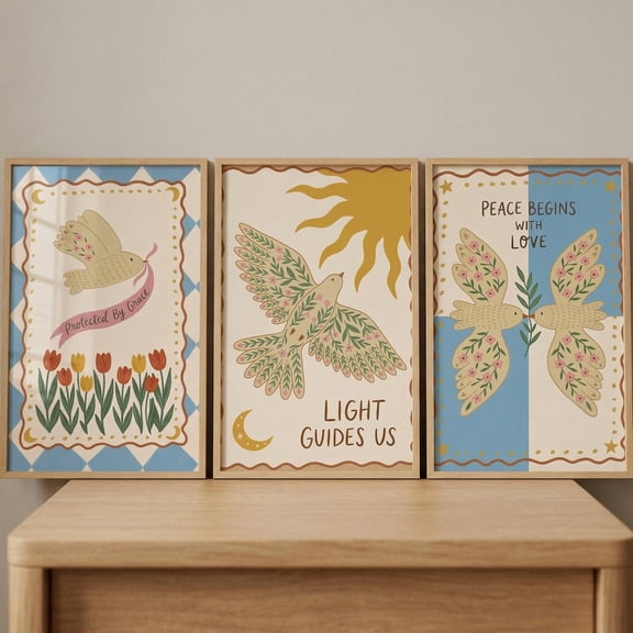 Boho Botanical Patterned Bird Artwork Set Of 3 spiritual peace dove wall decor inspirational grace bird prints sun and moon nursery art Set 3