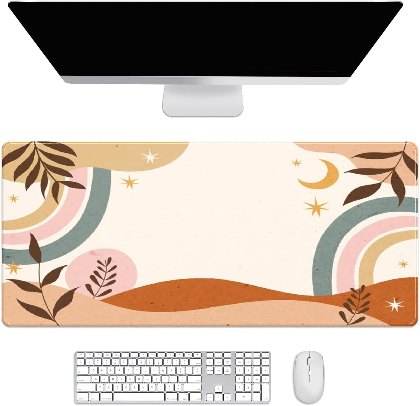 Boho Botanical Rainbow Leaves Desk Mat, Desk Accessory, Cute Workspace, Trendy Workspace, Trendy, 35.4x15.7in Large Gaming Mouse Pad, Cute Desk Topper, Pretty Desk Pad