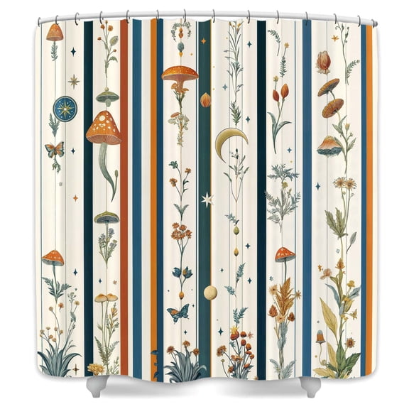 Boho Botanical Shower Curtain,Wildflower Herbs Plants Mushrooms Bathtub Curtain,Retro Country Nature Element Stripes Bathroom Decor with Hooks,69X70 in