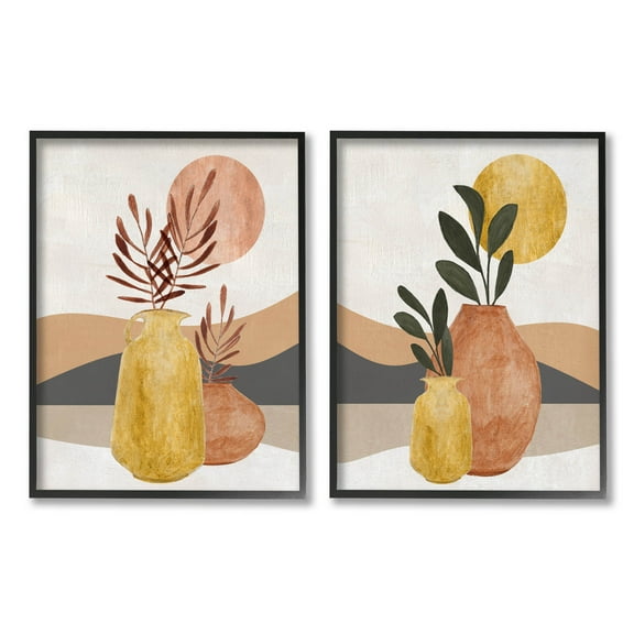 Boho Botanical Sprigs Landscape Botanical & Floral Graphic Art Black Framed Art Print Wall Art, Set of 2