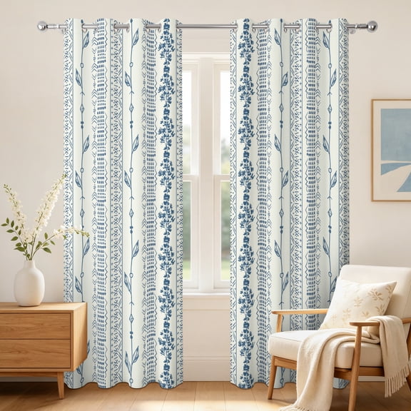 Boho Botanical Stripe Blackout Curtains For Living Room Bedroom,2 Panels,42x63 Inch,Room Darkening Thermal Insulated Window Drapes,Navy Blue