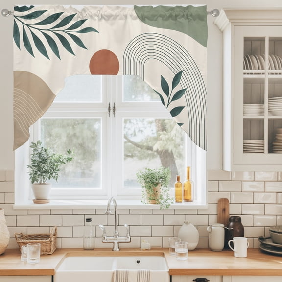 Boho Botanical Swag Curtain Valance for Windows, Sage Green Eucalyptus Leaf Terracotta Abstract Arch Line Swag Curtains Drapes Rod Pocket for Kitchen Bathroom Small Window, 1 Panel 56x36in