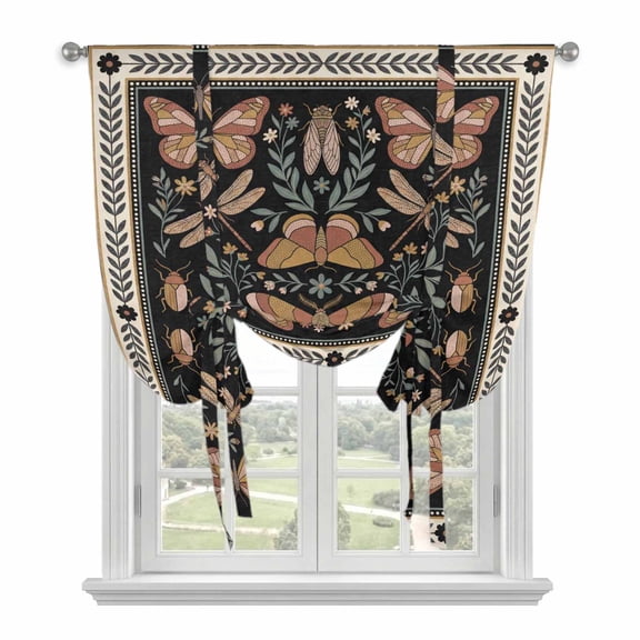 Boho Botanical Tie Up Curtains for Window, Thermal Insulated Balloon Shade Adjustable Rod Pocket Curtains Valance Panels for Kitchen Bathroom Cafe 52 x 63 Vintage Country Bohemia Butterflies Flowers