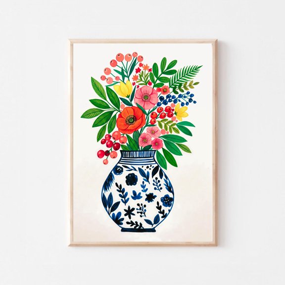 Boho Botanical Vase Blue White Floral Arrangement Wall Art