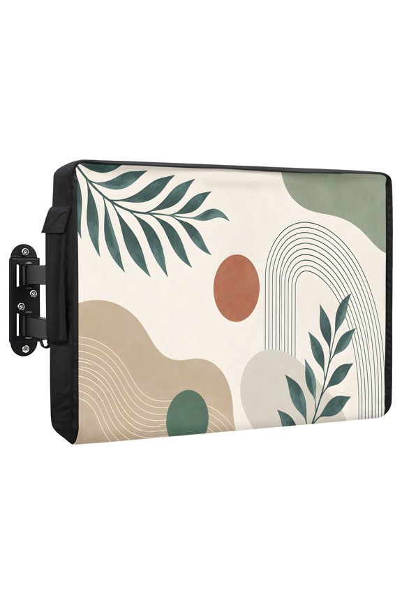 Boho Botanical Waterproof Outdoor TV Cover, Sage Green Eucalyptus Leaf Terracotta Abstract Arch Line Outside Weatherproof TV Enclosures for 80 to 85 Inch LCD Television Shield Flat Screen Protectors
