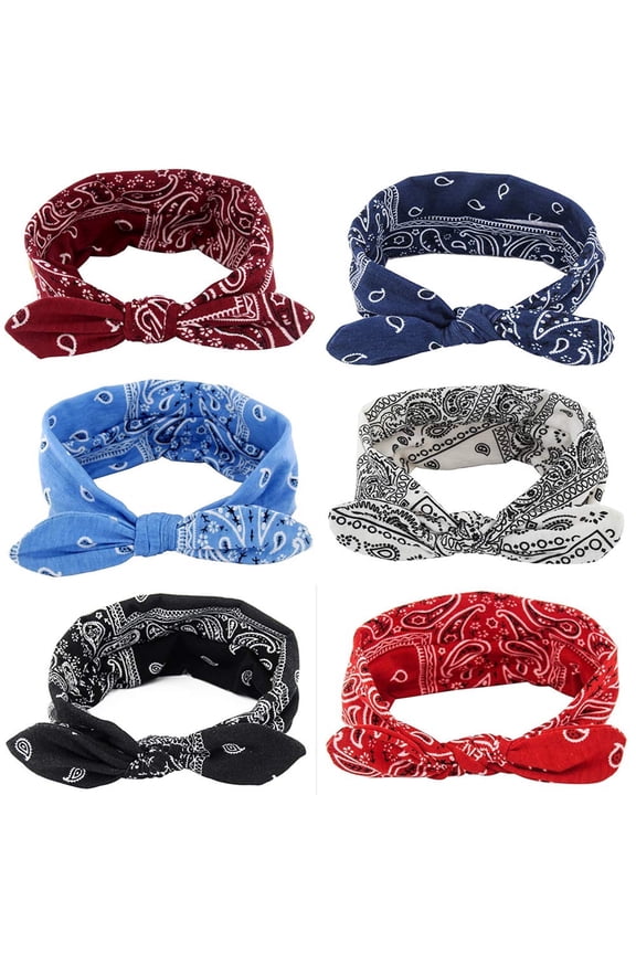 Boho Bow Headbands for Women, Vintage Flower Printed Hairband Elastic Rabbit ear Head Wrap Cute Hair Accessories, 6 Pcs