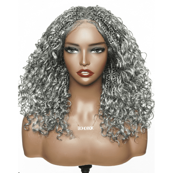 Boho Box 16" Salt & Pepper Deep Wave Curls HD Full Lace Braided Wig