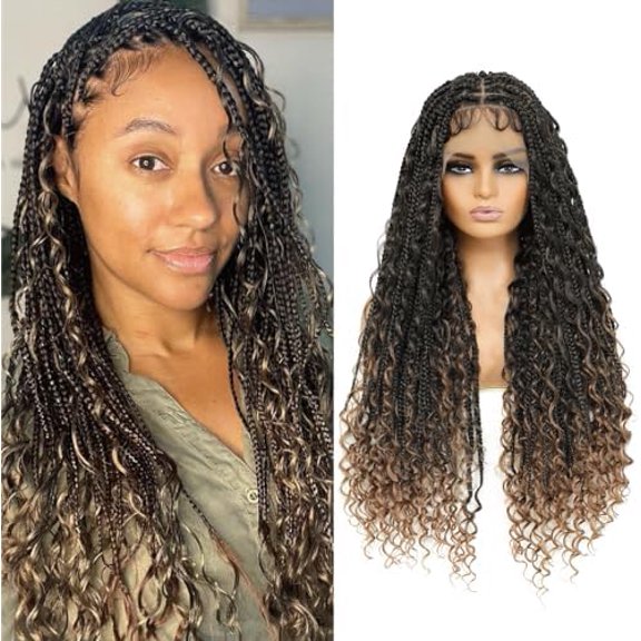 Boho Box Braid Knotless Goddess  Wigs with Curly Ends Double Full Lace Square Synthetic Light Brown Braided Wigs with  Hair for Woman (36 Inch,1B/27)