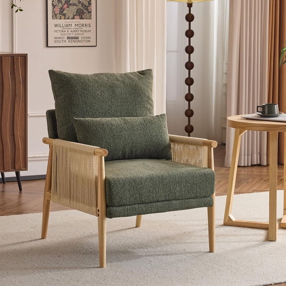 Boho Braid Accent Armchair,Mid-Century Modern Chiar with Solid Wooden Armrest,Comfy Louge Cushion Chair with Waist Pillow for Bedroom,Living Room,Reading Room