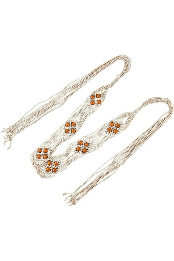 Boho Braid Waist Belt White Polyester Tassel Knotted Rope Cord Chain Rattan Woven Waistband Belts with Wood Beads