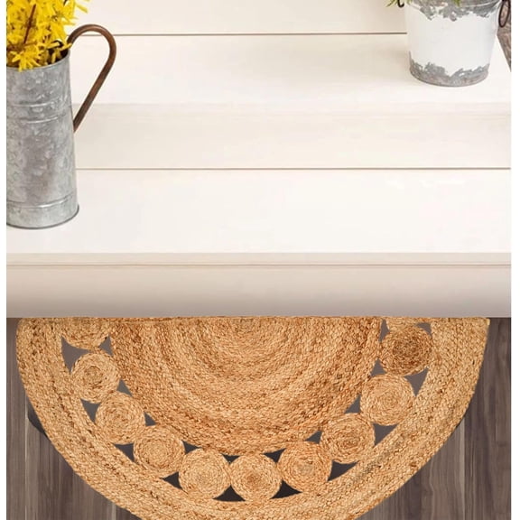 Boho Braided 1.5x3 Area Rug - Jute Fiber Half Circle Rug for Living Room Entryway, Farmhouse, , Indoor Rugs Jute Door mat for Bathroom ( Dot, 1.5 X 3 ft)
